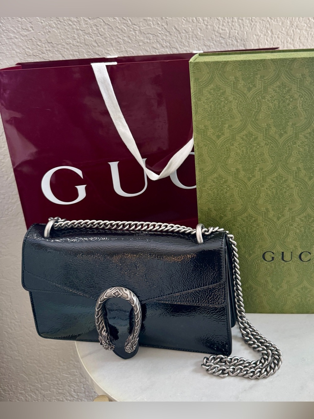 Gucci Black Dionysus Patent Leather Bag with Silver Chain